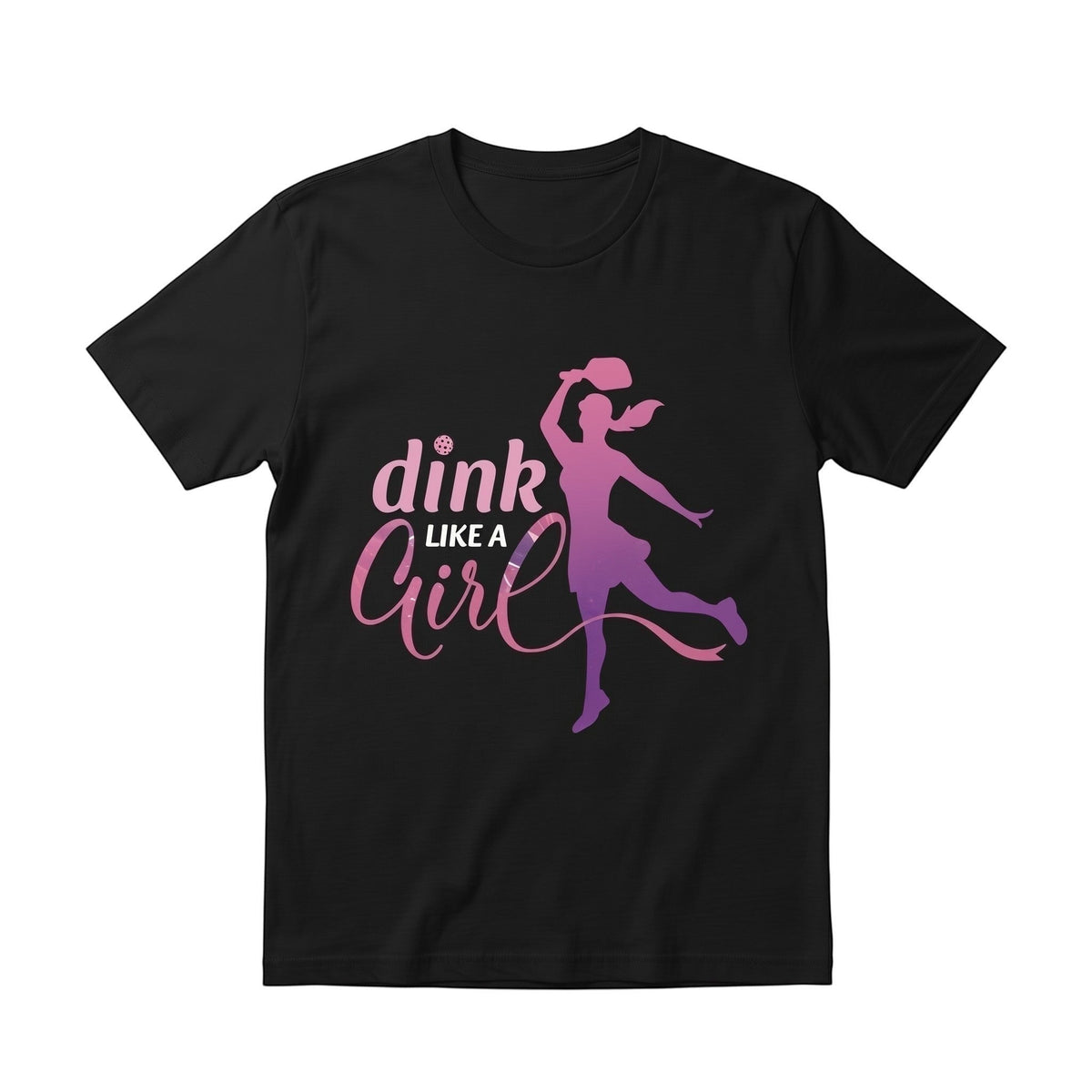 black unisex cotton t-shirt featuring a pink and purple Dink Like a Girl pickleball graphic print.