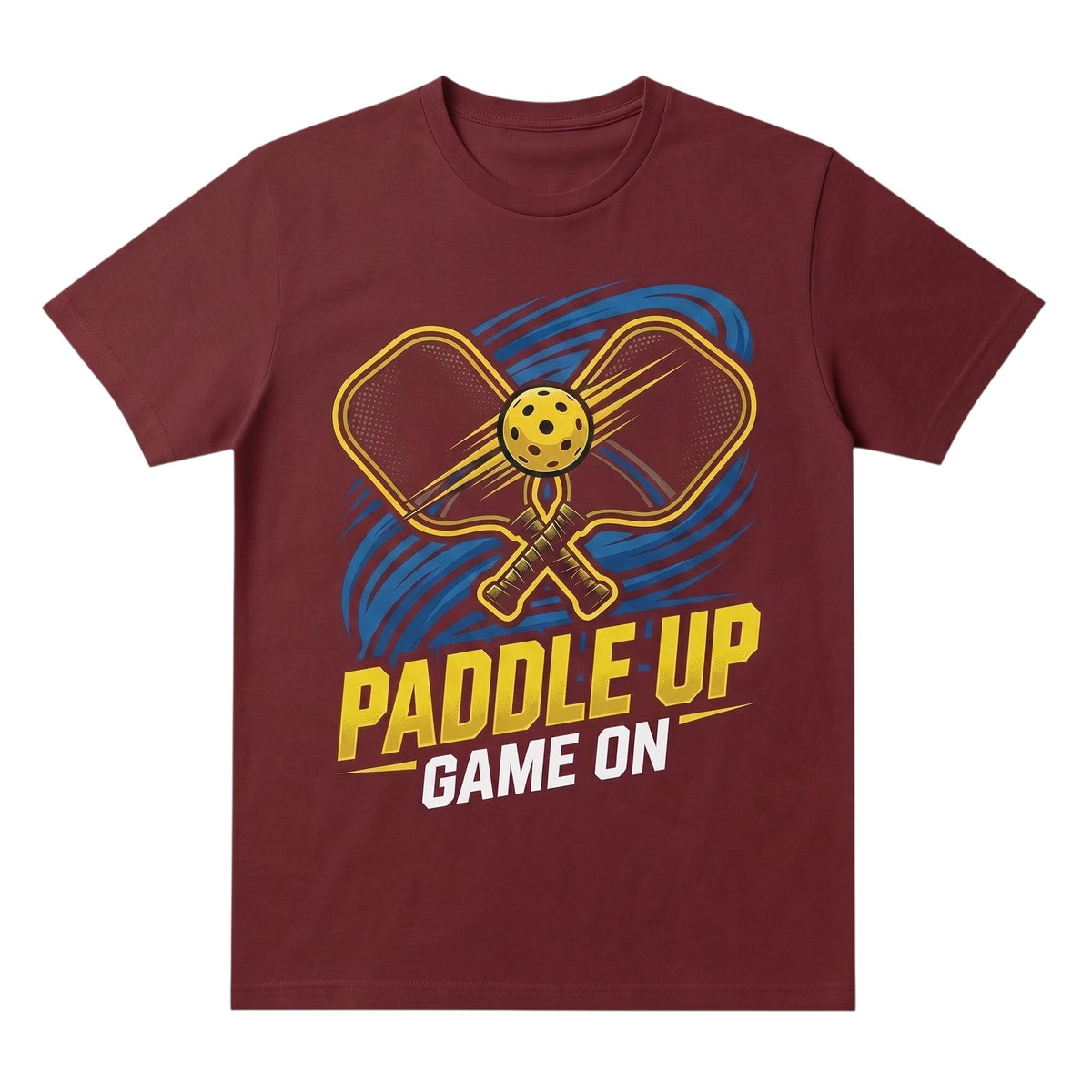 maroon unisex cotton t-shirt featuring a Paddle Up Game On pickleball graphic print.