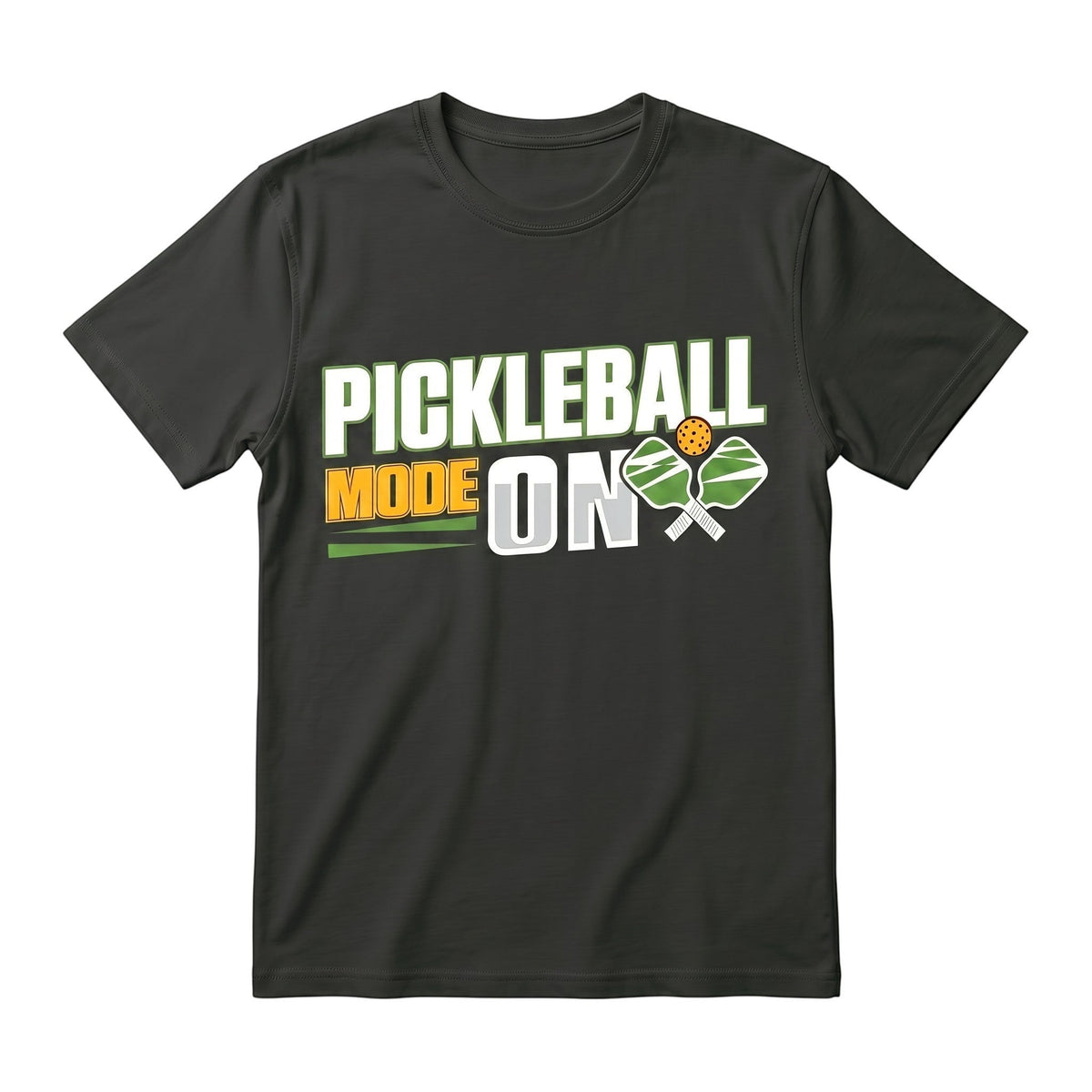 black unisex cotton t-shirt featuring a Pickleball Mode On graphic with paddles and a ball.