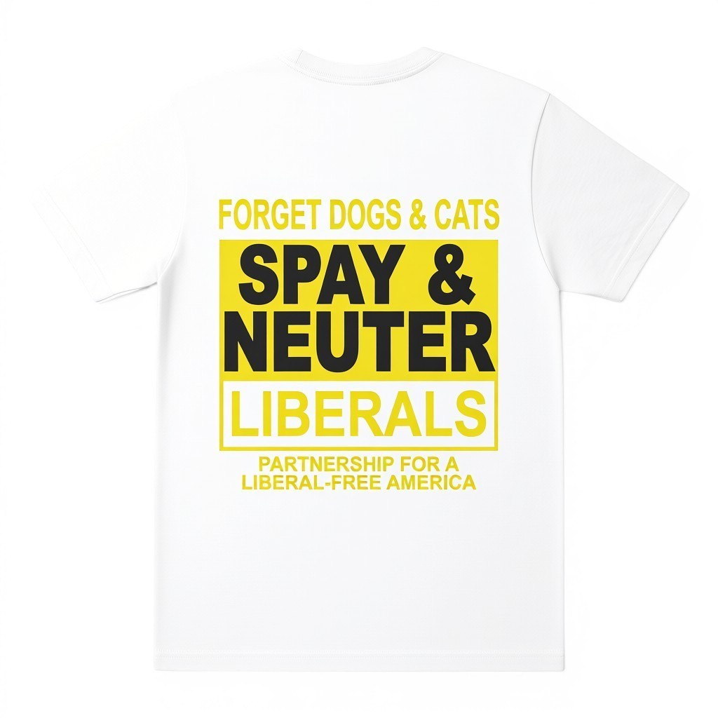 white t-shirt featuring bold yellow and black satirical political text on the back.