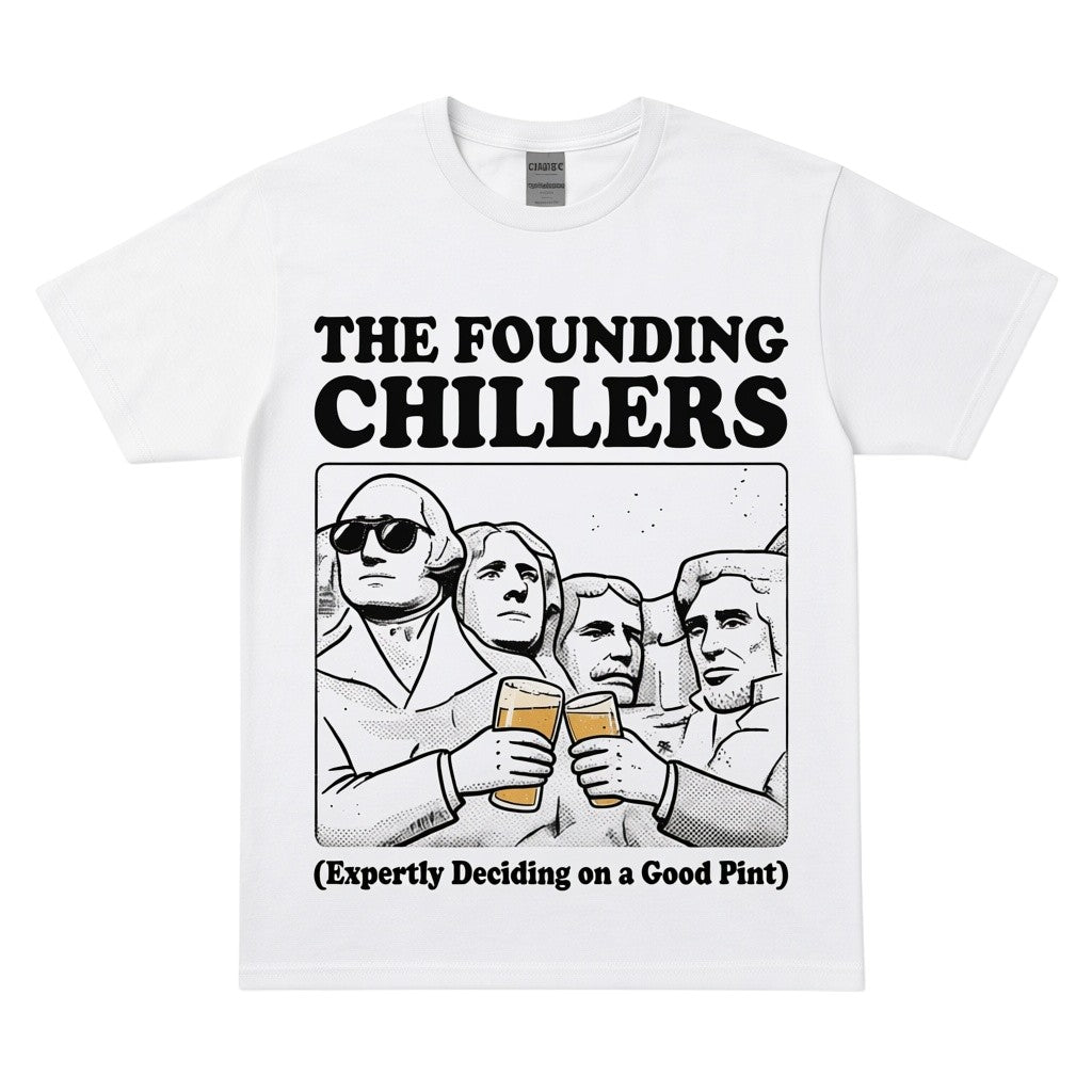 white heavy cotton t-shirt featuring a graphic of US presidents toasting with beer pints.