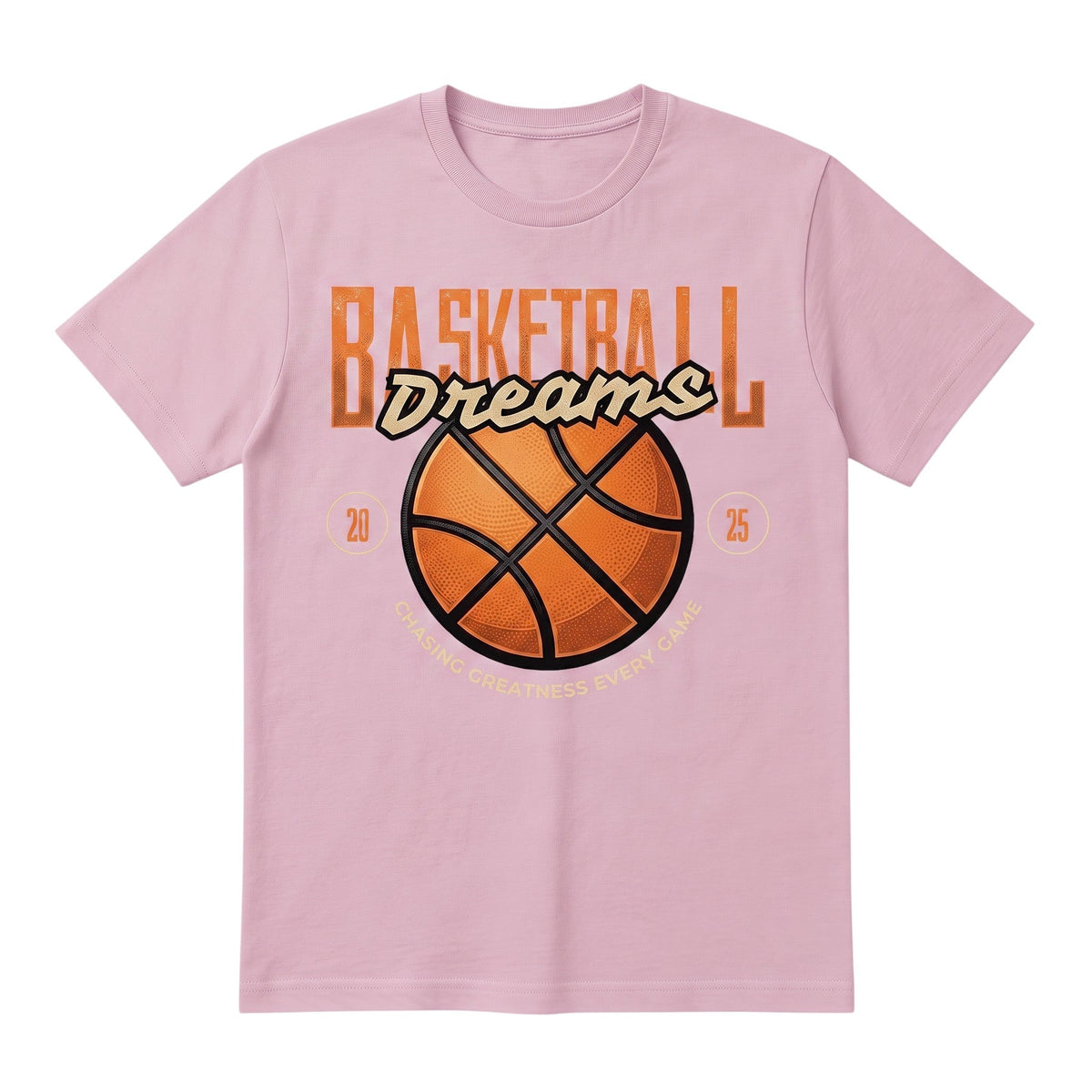 light pink basketball graphic t-shirt with Chasing Greatness Every Game text and basketball illustration.