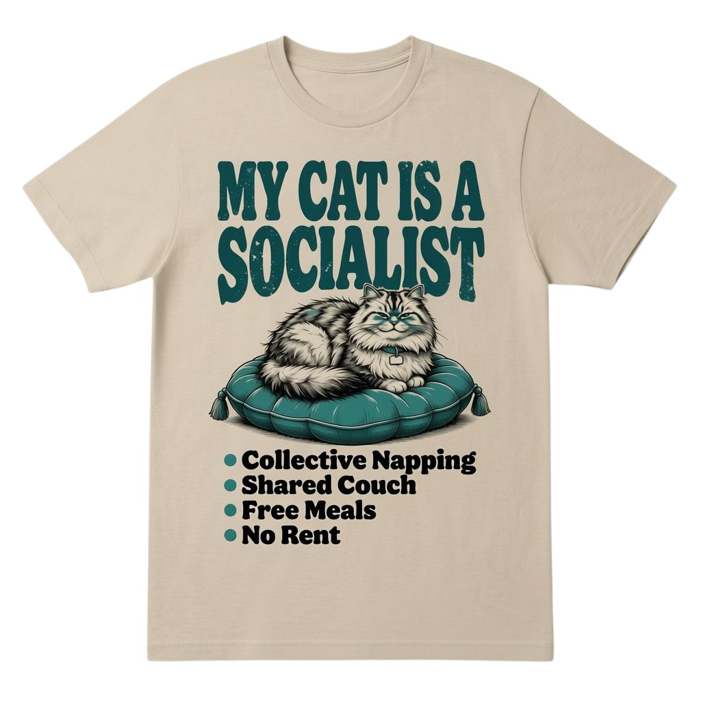  beige cotton graphic tee with a cat illustration and My Cat Is a Socialist text in vintage style