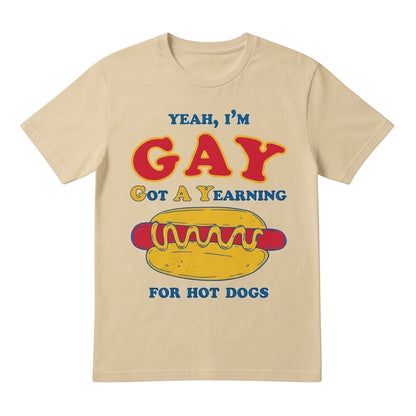  beige cotton t-shirt with a humorous graphic print featuring a hot dog and funny text.