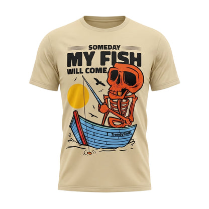  unisex beige cotton t-shirt featuring a graphic of a skeleton fishing in a boat at sunset.