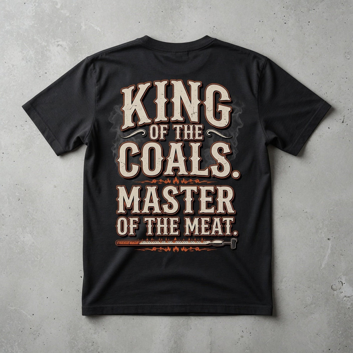  black cotton t-shirt featuring King of the Coals Master of the Meat barbecue graphic on the back