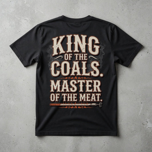  black cotton t-shirt featuring King of the Coals Master of the Meat barbecue graphic on the back