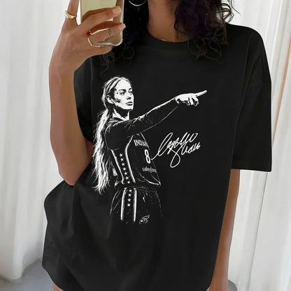  black cotton t-shirt featuring a white graphic of a female basketball player pointing with a signature