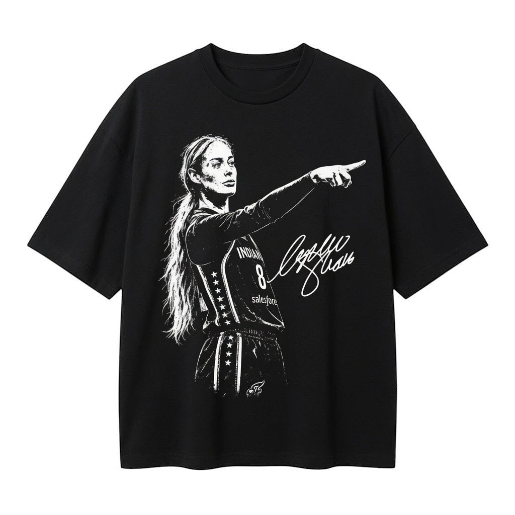  black cotton t-shirt featuring a graphic print of a female basketball player pointing with a signature.