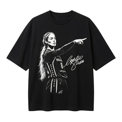  black cotton t-shirt featuring a graphic print of a female basketball player pointing with a signature.