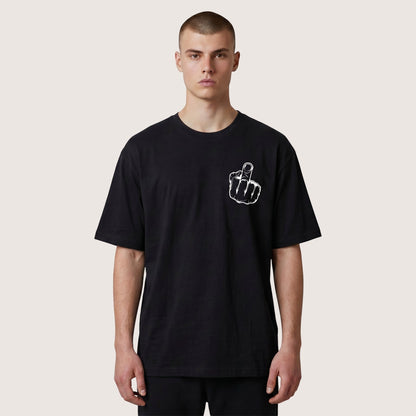  black heavyweight cotton t-shirt featuring a white middle finger graphic on the chest