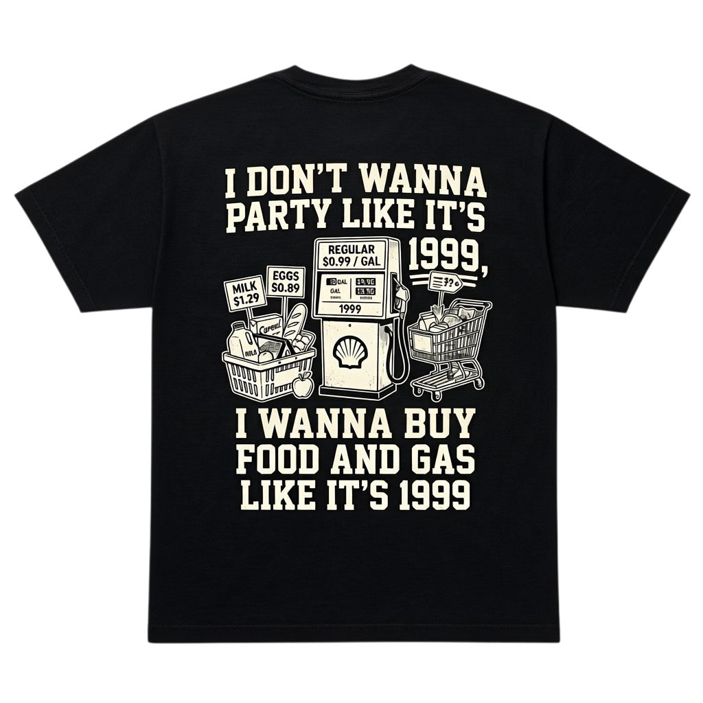  black graphic t-shirt featuring a 1999 inflation-themed print with a gas pump and grocery basket.