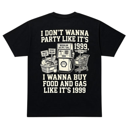  black graphic t-shirt featuring a 1999 inflation-themed print with a gas pump and grocery basket.