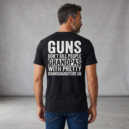  black cotton t-shirt with white distressed text on the back, worn by a man from behind.