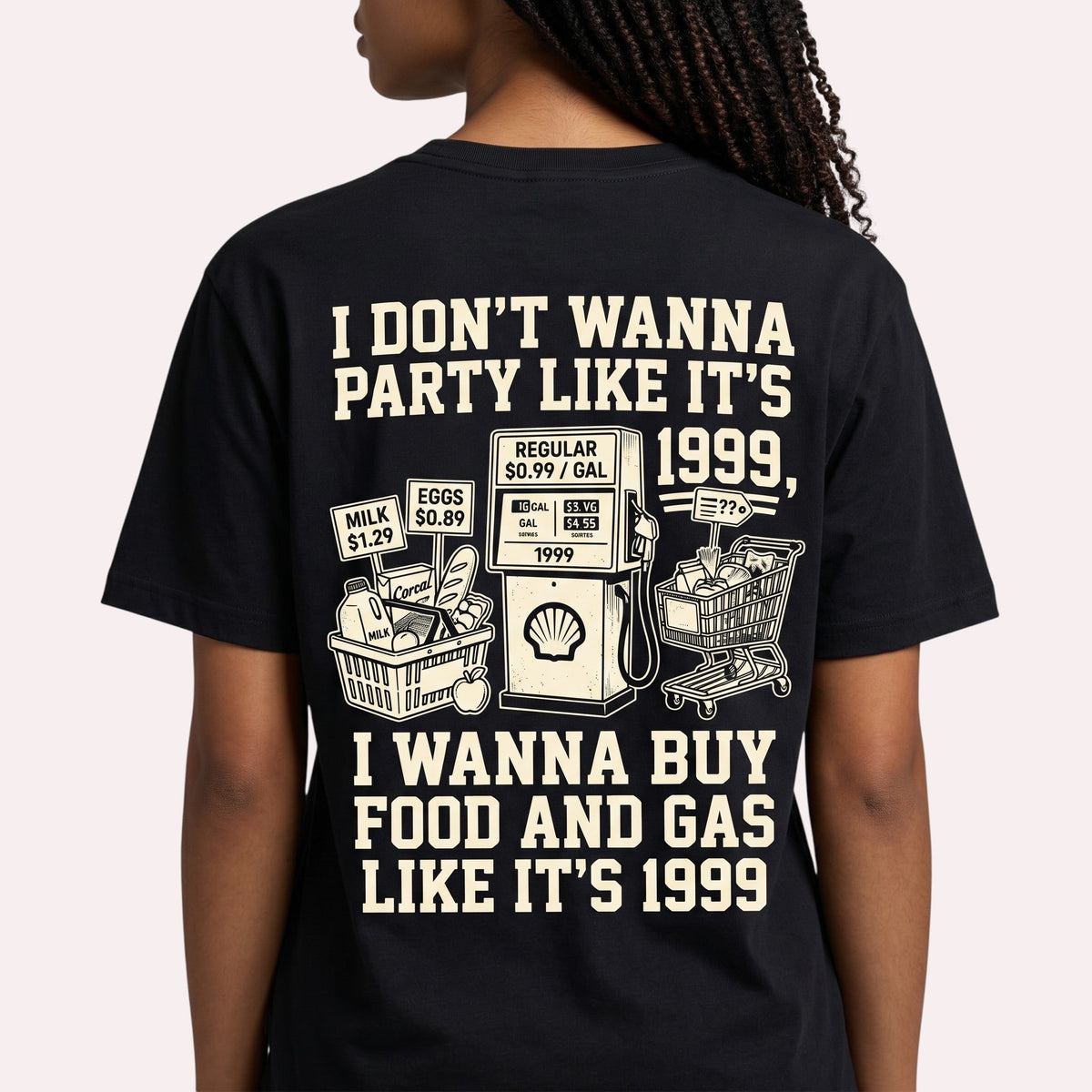  black t-shirt featuring a back print about 1999 food and gas prices with vintage grocery graphics.