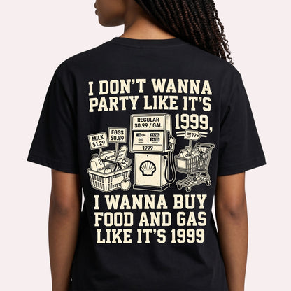  black t-shirt featuring a back print about 1999 food and gas prices with vintage grocery graphics.