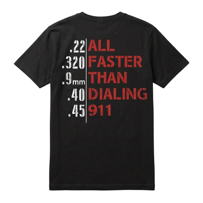  black unisex t-shirt featuring white and red text graphic on the back about firearm calibers