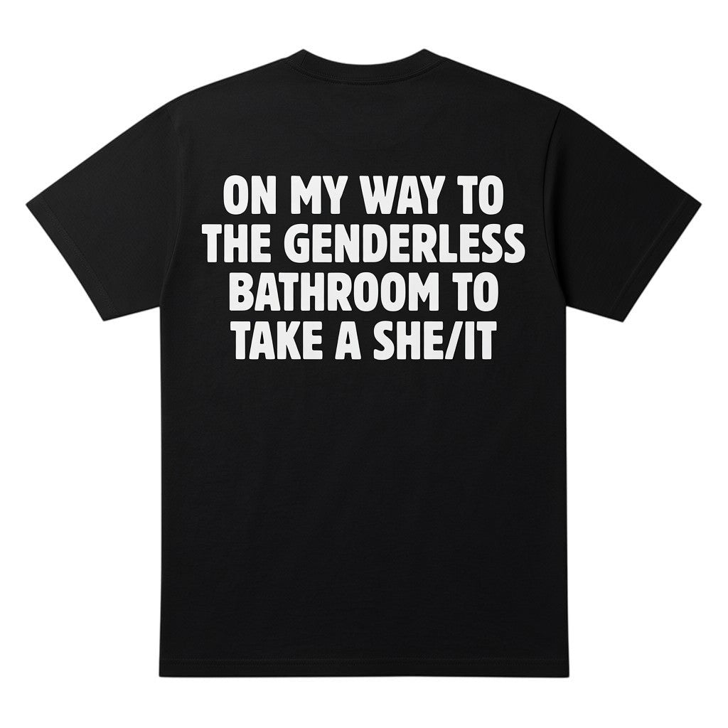  black cotton t-shirt featuring bold white text on the back with humorous bathroom-themed wordplay.