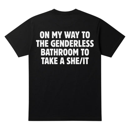  black cotton t-shirt featuring bold white text on the back with humorous bathroom-themed wordplay.