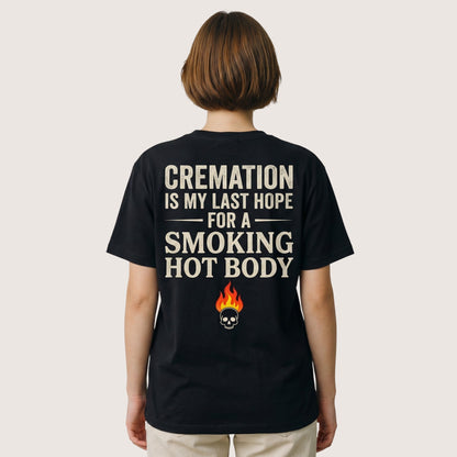  black unisex cotton t-shirt with back graphic print featuring a skull, flame, and dark humor quote.