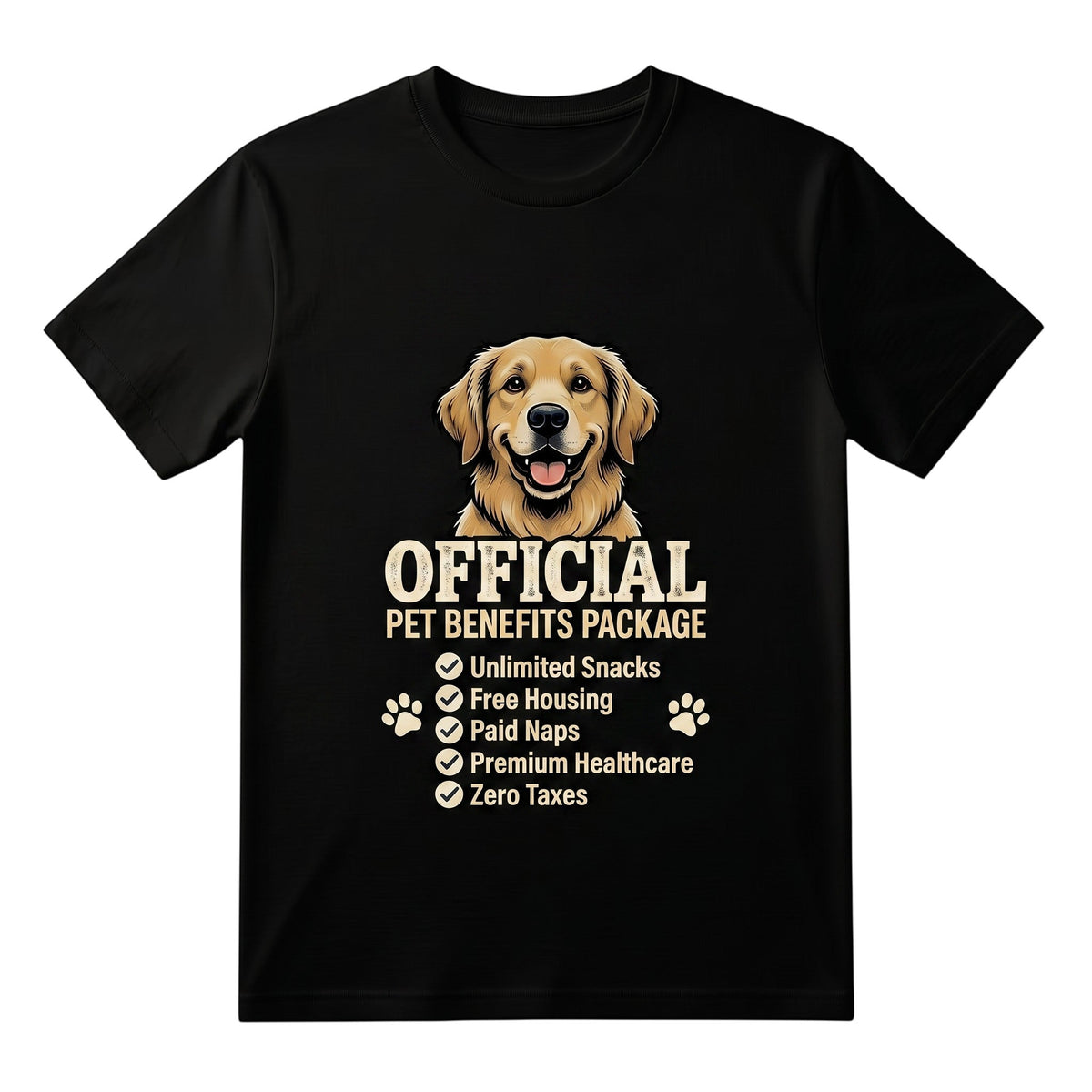  black cotton unisex t-shirt featuring a golden retriever and Official Pet Benefits Package graphic.