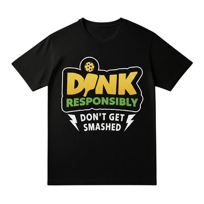  black cotton t-shirt featuring a yellow and green DINK Responsibly pickleball graphic design.