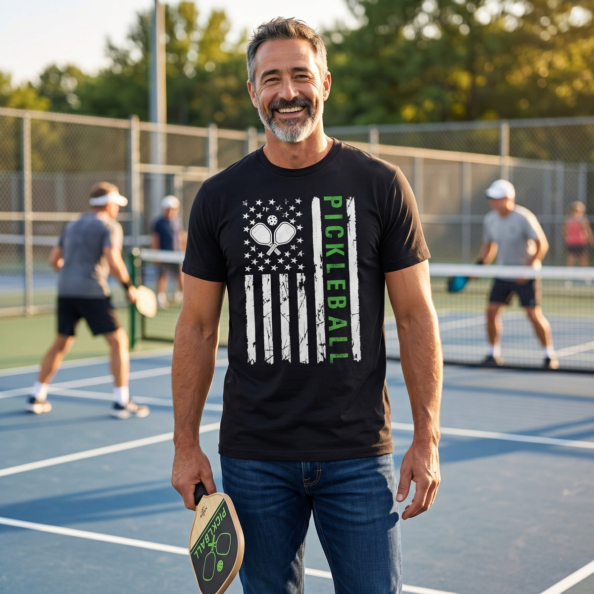  black cotton pickleball graphic t-shirt worn by a man on a pickleball court