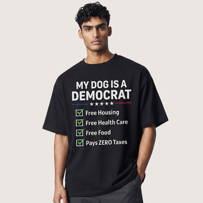  black unisex cotton t-shirt with My Dog is a Democrat political humor graphic print on a male model