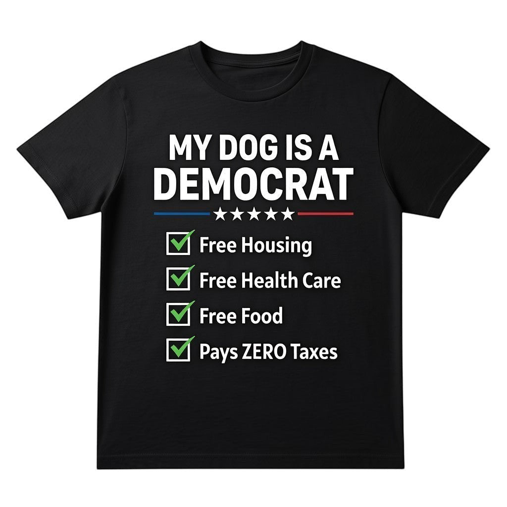  black unisex cotton t-shirt with My Dog is a Democrat political satire graphic and checklist design.