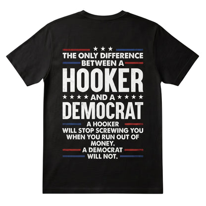  black cotton graphic t-shirt featuring bold distressed red, white, and blue political satire typography.