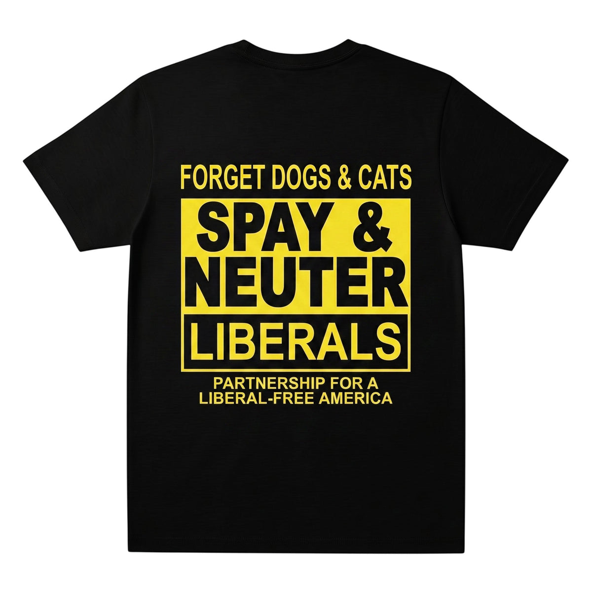  black streetwear t-shirt with bold yellow political satire text print on the back