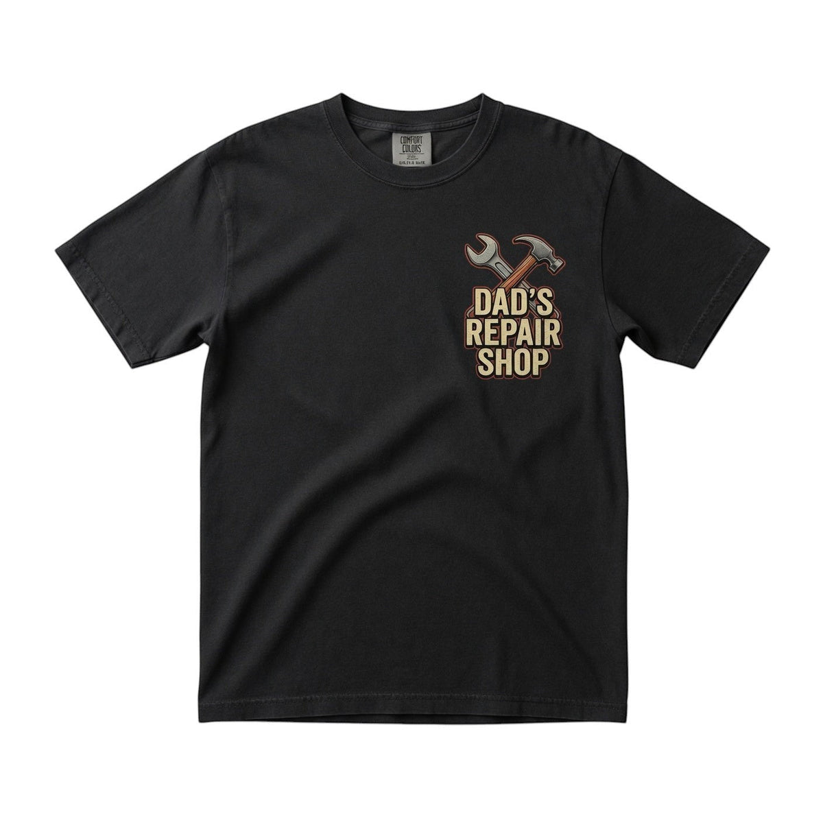  black cotton short sleeve t-shirt featuring a Dad's Repair Shop graphic with hammer and wrench