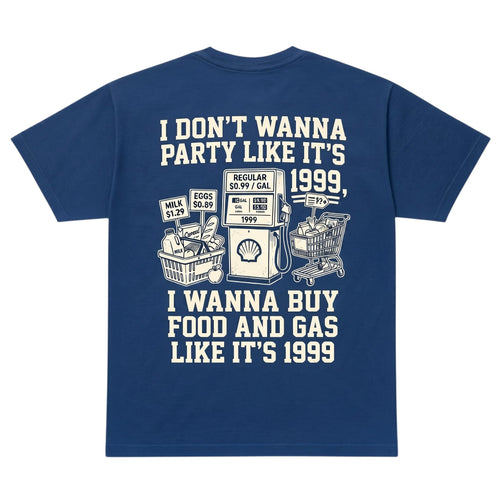  royal blue t-shirt featuring a 1999 inflation-themed graphic with grocery and gas pump illustrations.