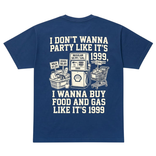  royal blue t-shirt featuring a 1999 inflation-themed graphic with grocery and gas pump illustrations.
