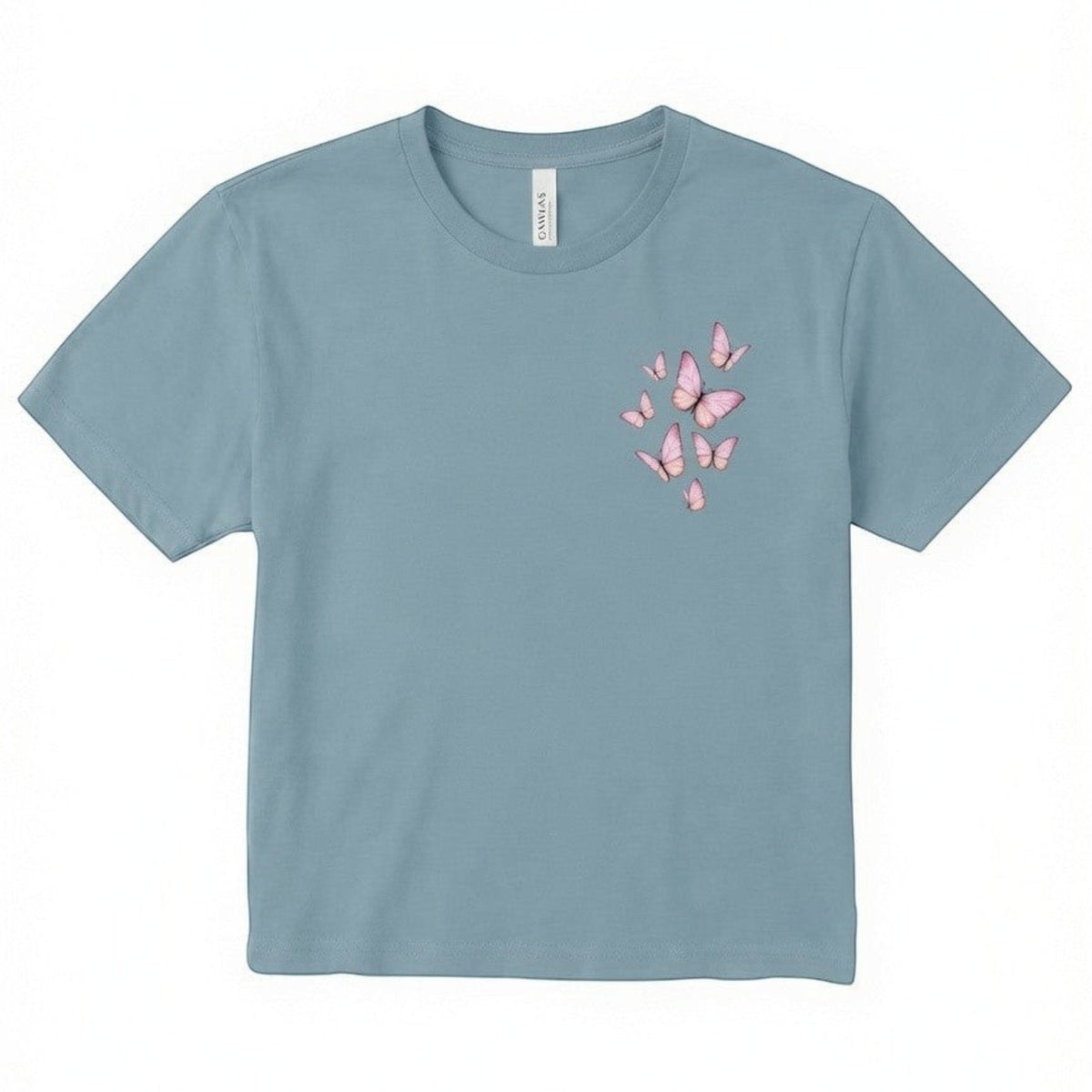  blue cropped crewneck t-shirt featuring a delicate pink butterfly graphic on the chest.