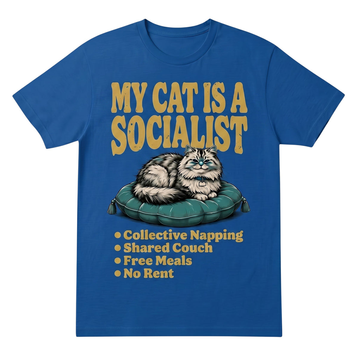  blue cotton graphic tee featuring a cat illustration and My Cat Is a Socialist text in yellow.