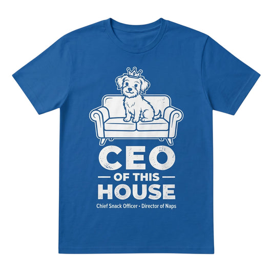  blue unisex cotton t-shirt featuring a white graphic of a dog wearing a crown on a couch