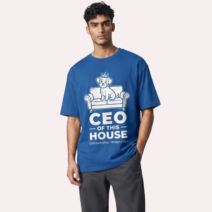  blue cotton unisex t-shirt featuring a graphic of a dog on a couch with CEO of this House text