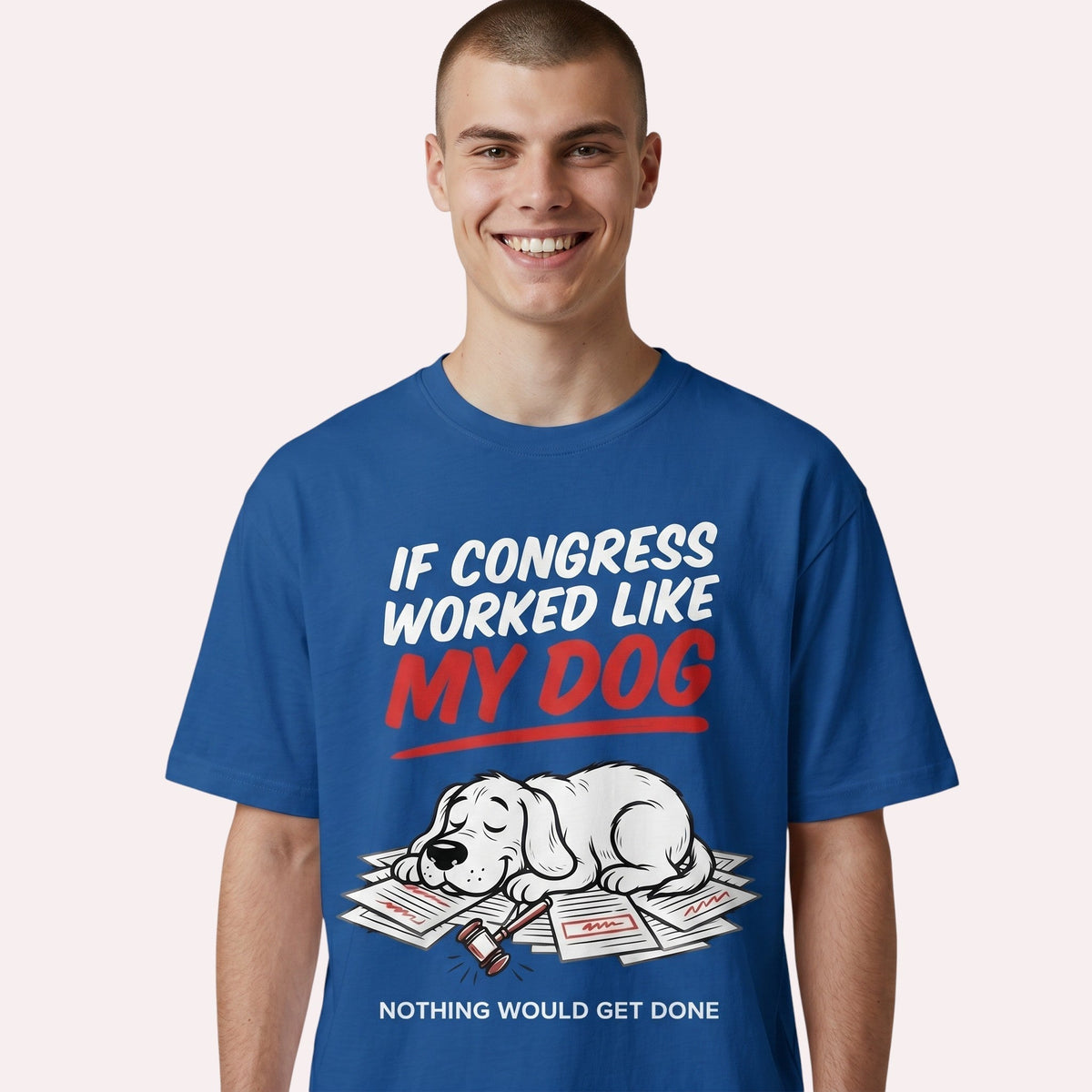  blue heavy cotton t-shirt featuring a funny graphic of a sleepy dog on paperwork with a gavel.