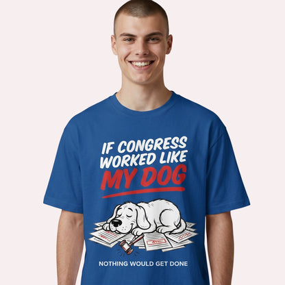  blue heavy cotton t-shirt featuring a funny graphic of a sleepy dog on paperwork with a gavel.
