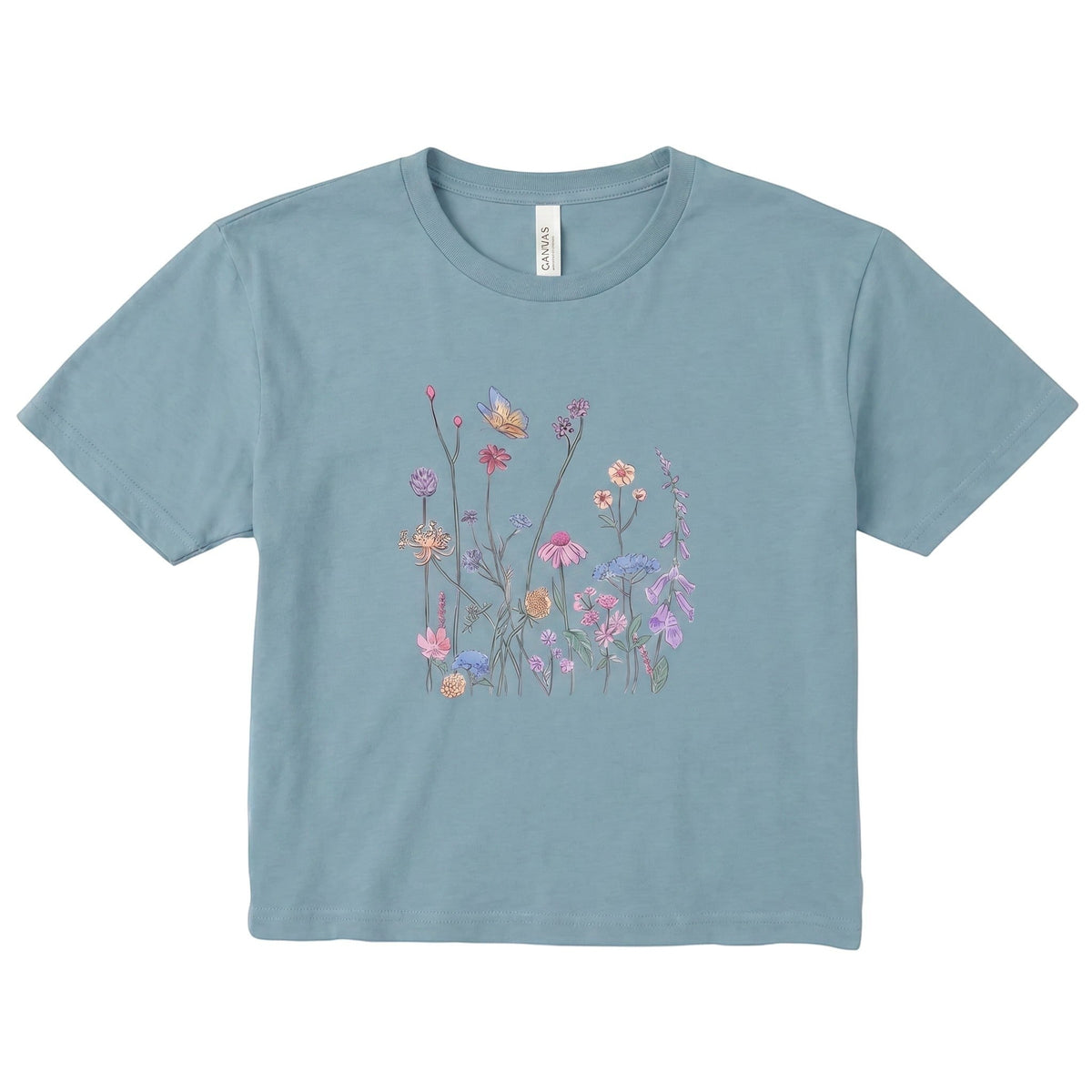  women's blue micro rib tee featuring a delicate colorful wildflower and butterfly graphic print.