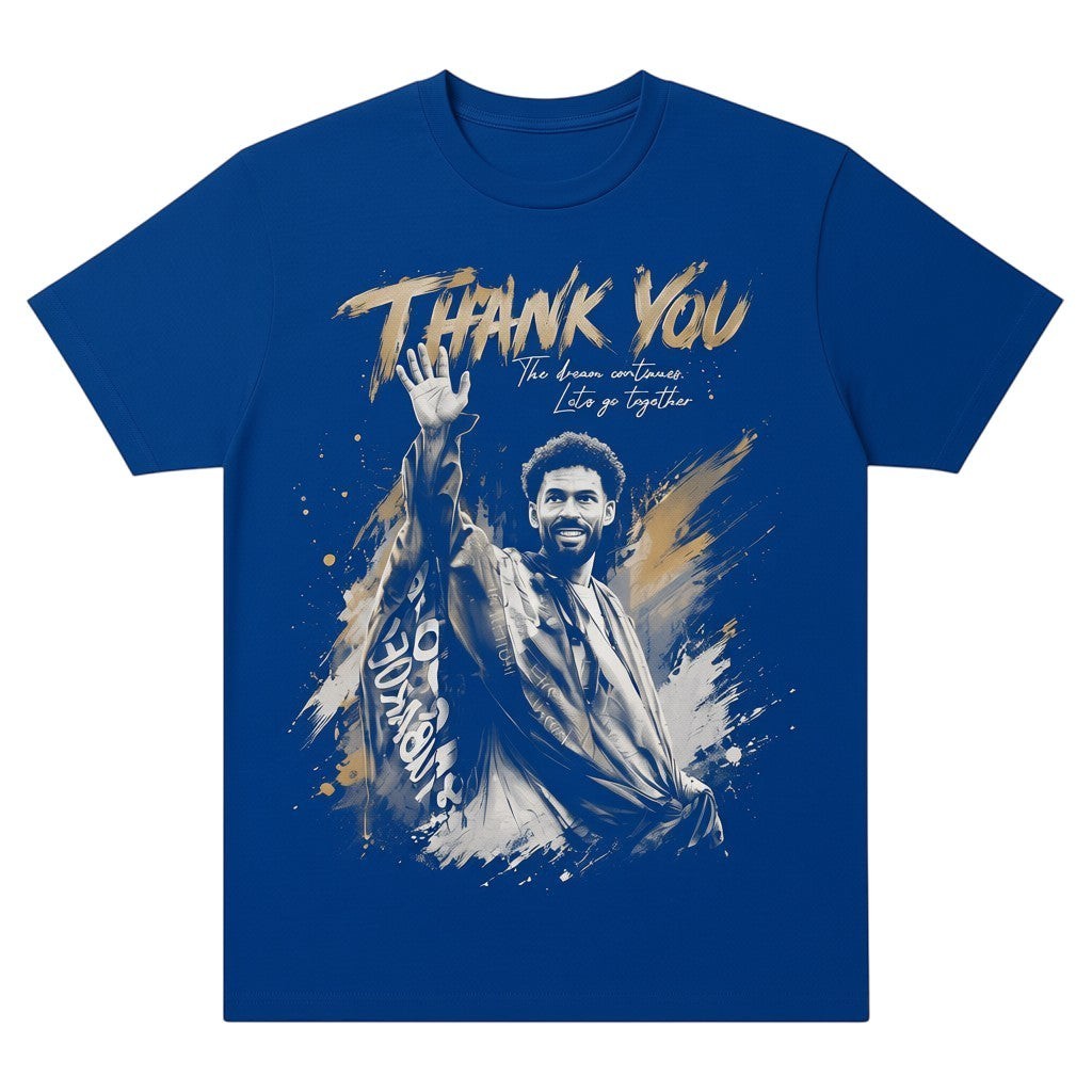  blue oversized cotton unisex tee featuring a graphic print of a goalkeeper waving farewell.