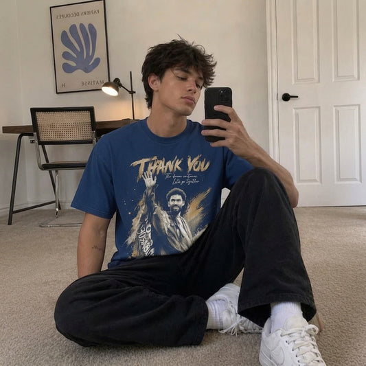  blue oversized cotton tribute t-shirt featuring a goalkeeper farewell graphic, worn by a young man.