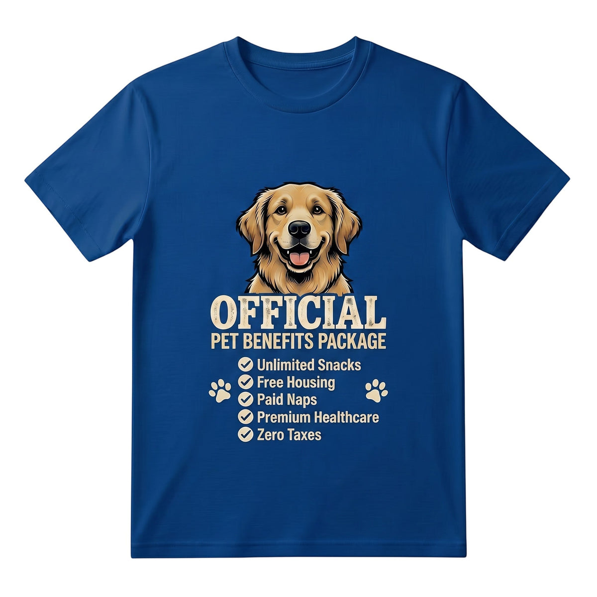  blue cotton t-shirt featuring a golden retriever and Official Pet Benefits Package graphic design.