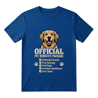  blue cotton t-shirt featuring a golden retriever and Official Pet Benefits Package graphic design.