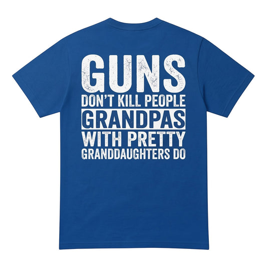  royal blue cotton t-shirt featuring white distressed text about grandpas and granddaughters.