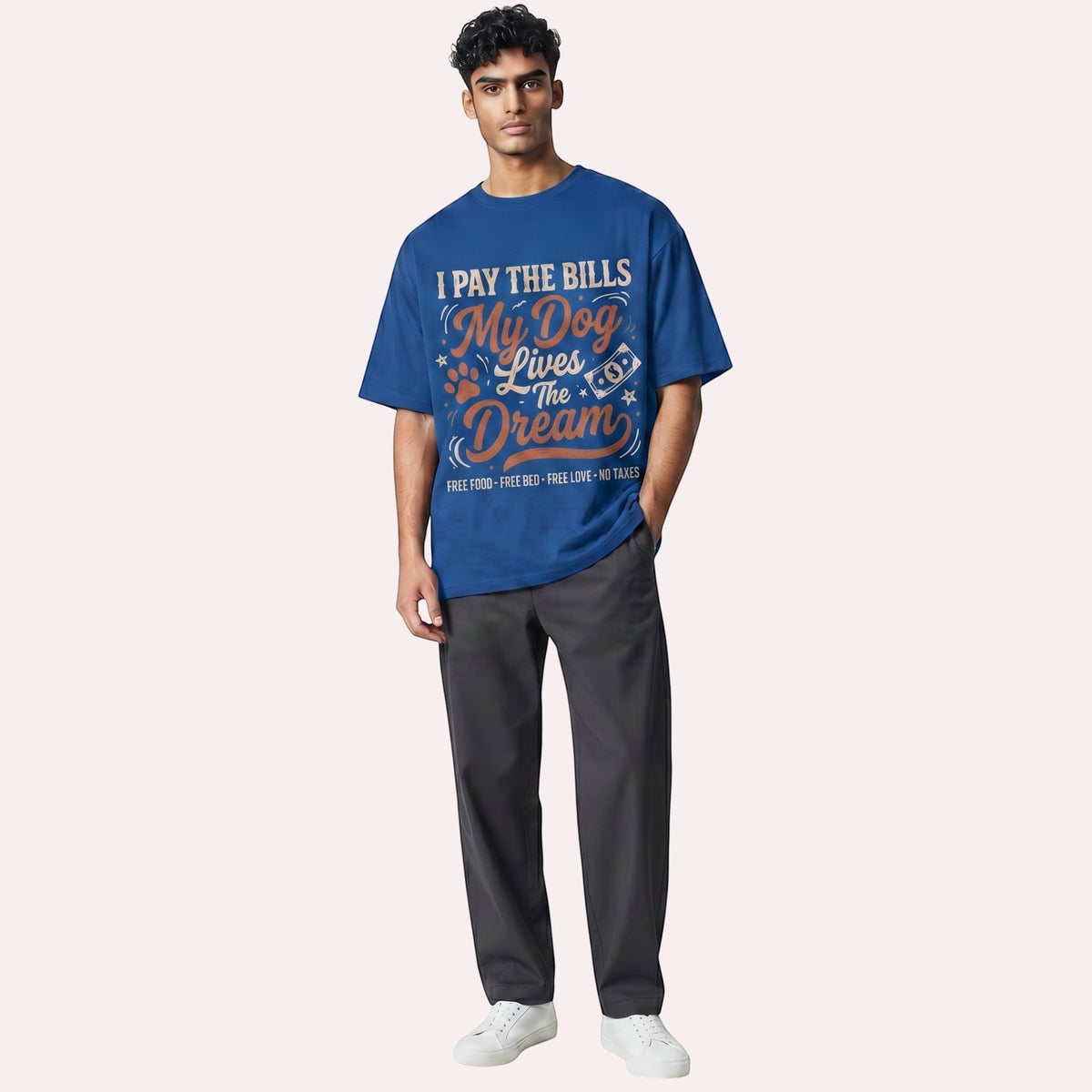  blue heavy-weight cotton graphic t-shirt with I Pay The Bills My Dog Lives The Dream quote