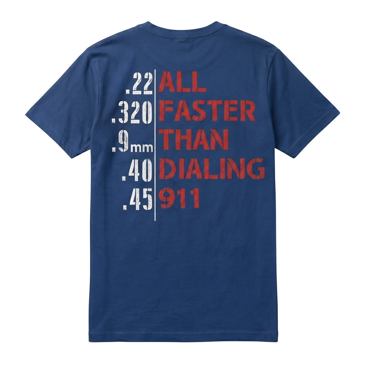  unisex blue t-shirt featuring a graphic print on the back with bullet calibers and text