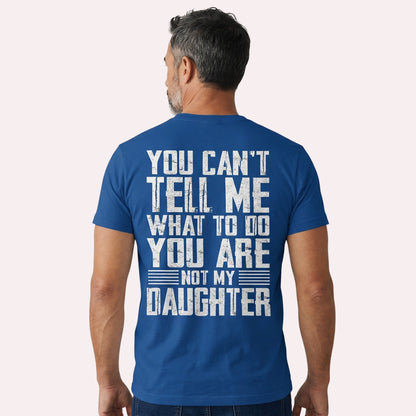  blue cotton graphic tee with distressed white typography on the back, featuring a sarcastic quote.