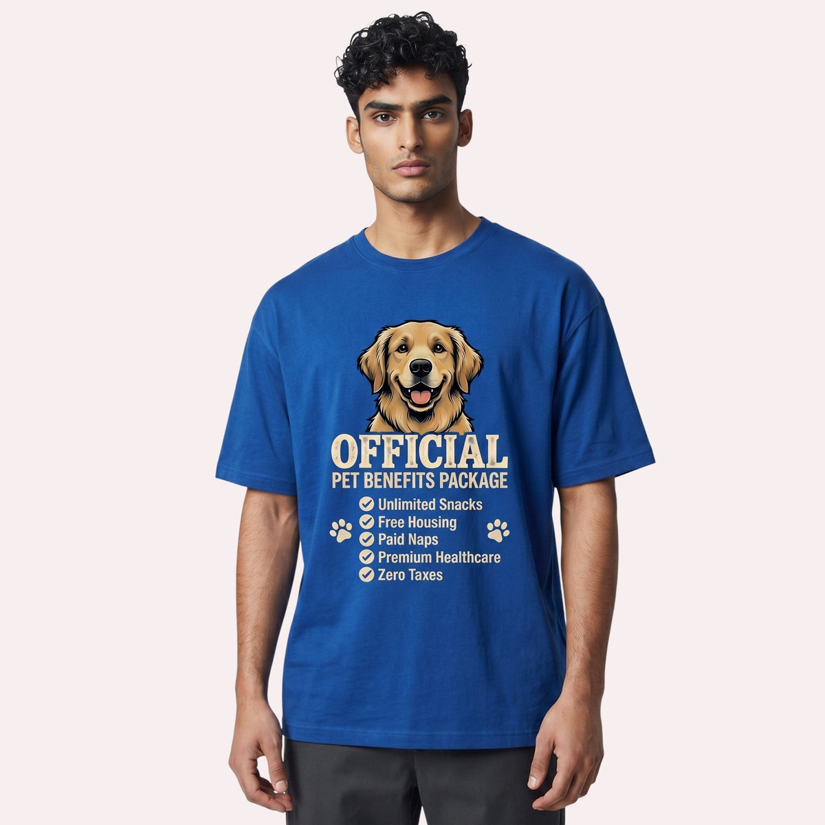  blue heavy cotton unisex t-shirt featuring a golden retriever and Official Pet Benefits Package text
